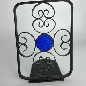 Unique Vintage Wrought Iron Bookend with Blue Glass